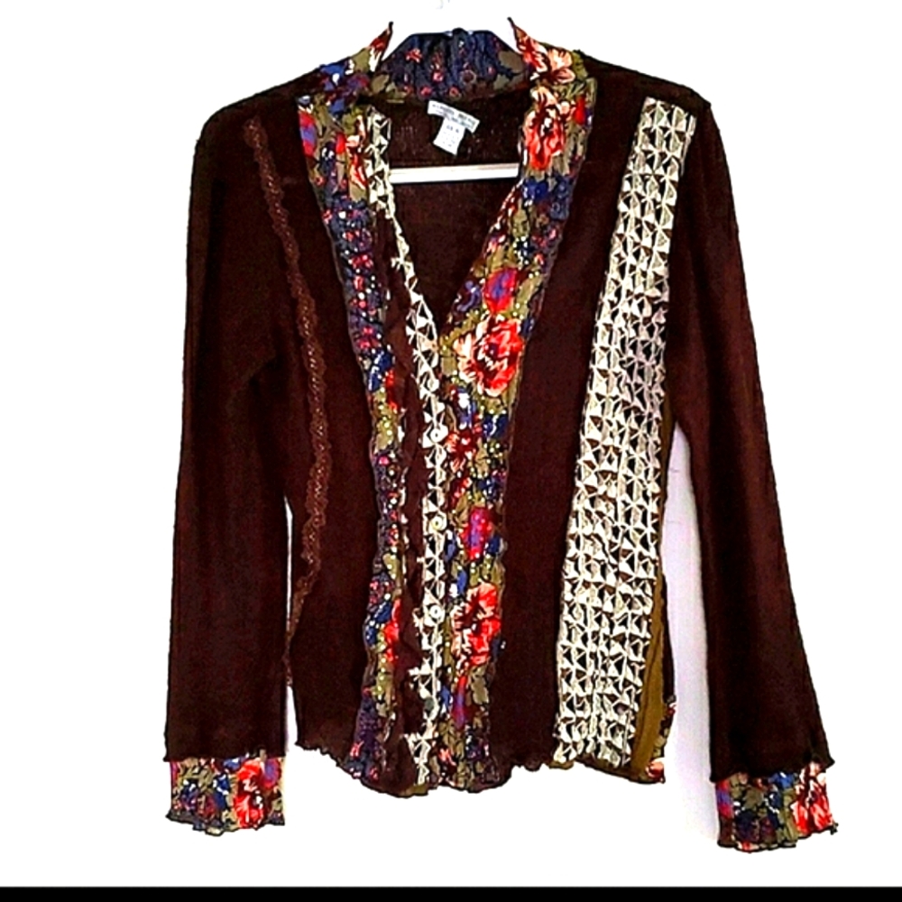 Vintage ALBERTO MAKALI EMBELLISHED Embroidered BUTTON DOWN SWEATER. XL